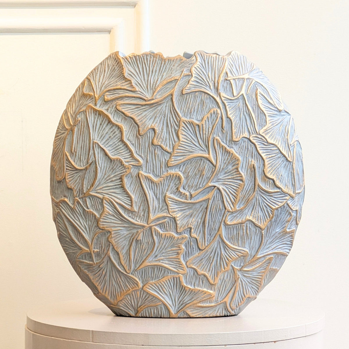 Folia large grey and gold ginkgo leaf resin table vase front view