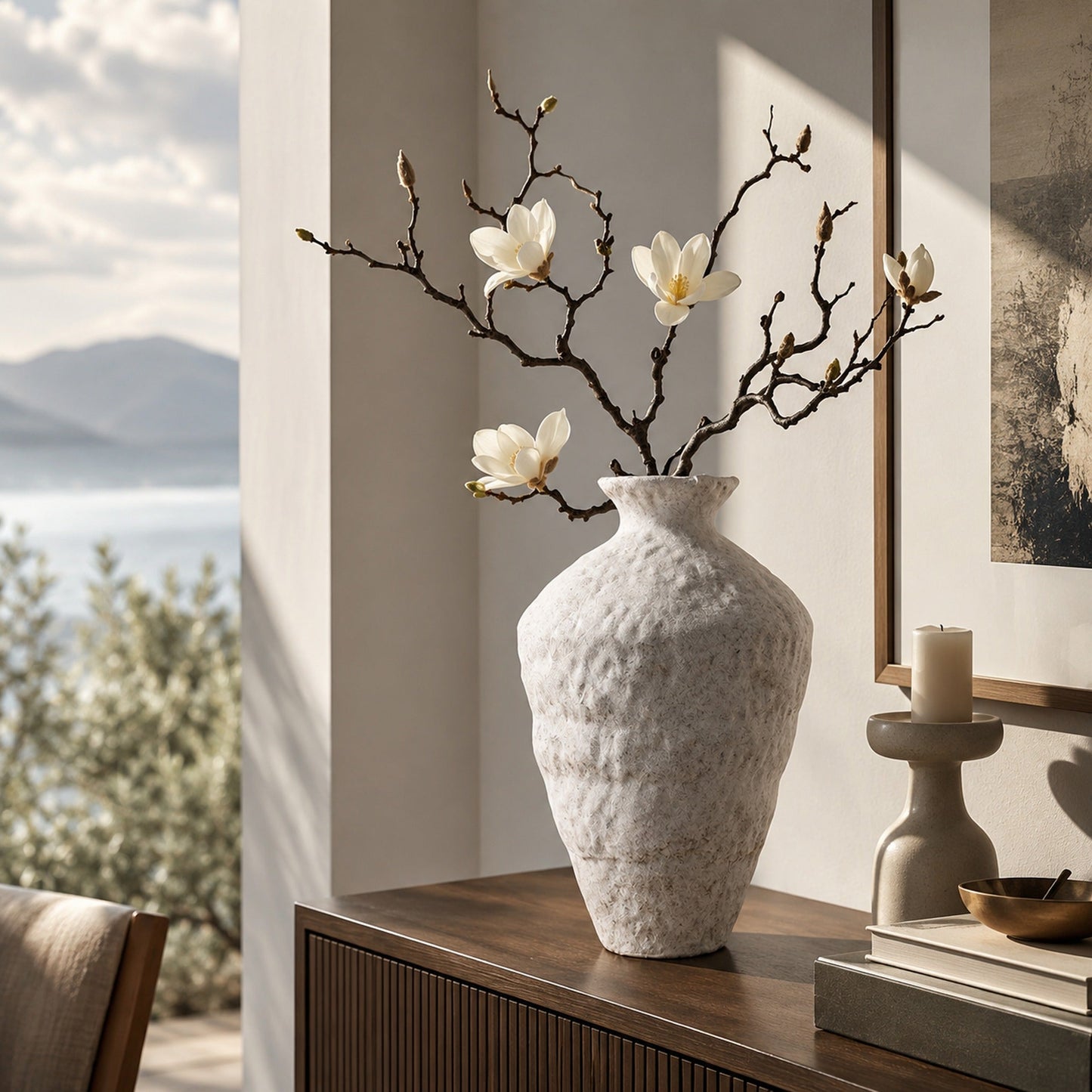 Frost textured ceramic table vase with magnolia branches styled on a wood console in a sunlit living room