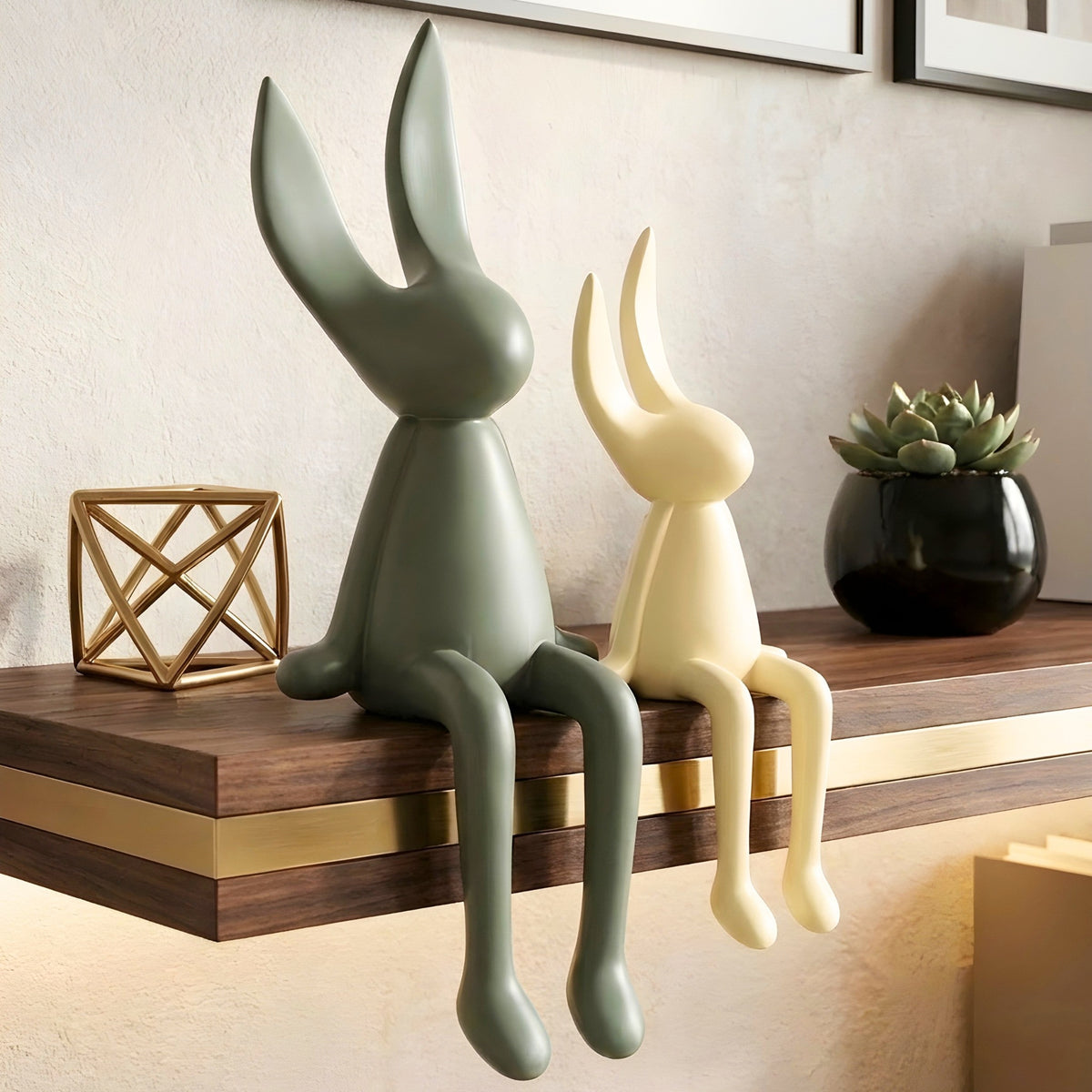 Meadow olive green and beige rabbit showpieces styled on a console table