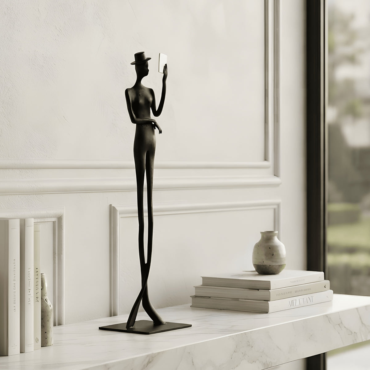 Poise tall metal gentleman showpiece styled in a modern living room