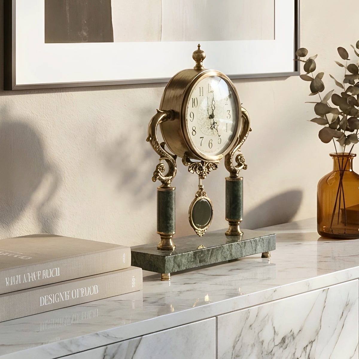 Regency green marble and metal table clock styled on a modern console with books and decor