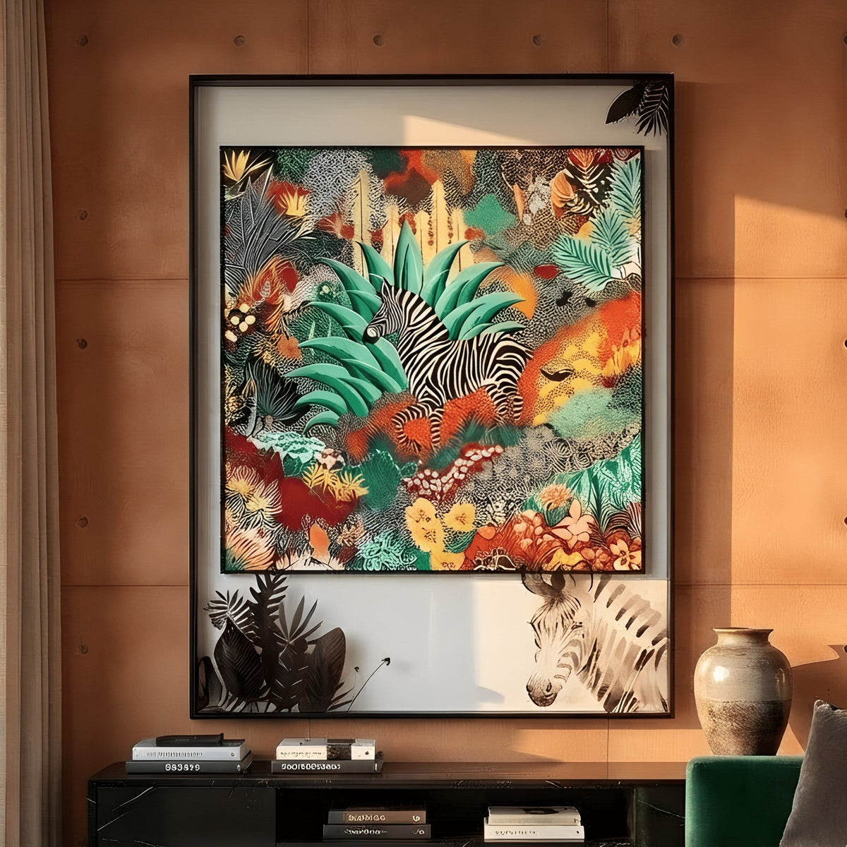 Savanna zebra wall art above entryway console in luxury interior