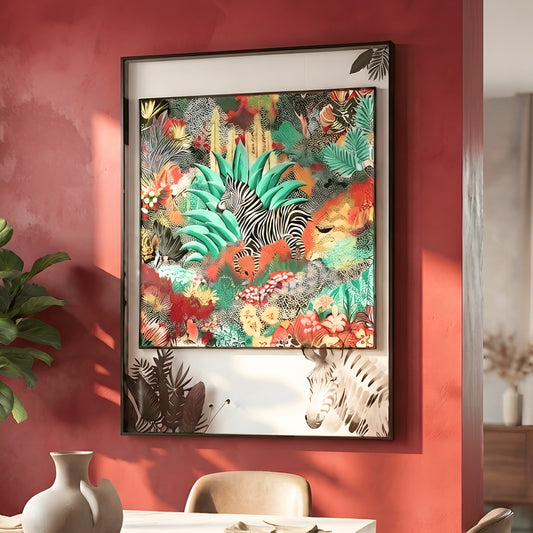 Savanna zebra themed premium wall art for dining room feature wall