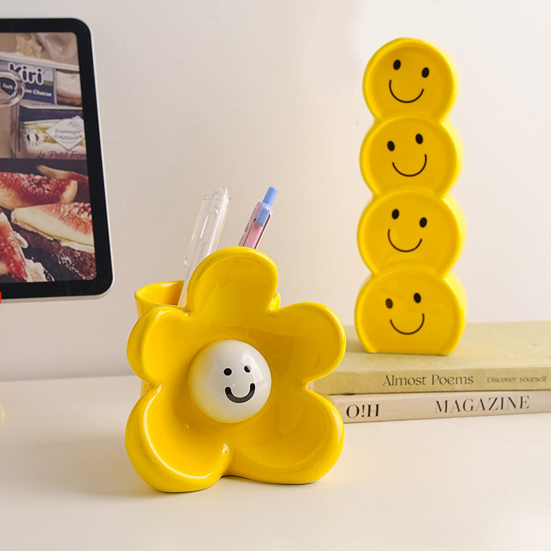 Sunny yellow ceramic organizer and showpiece in a playful interior