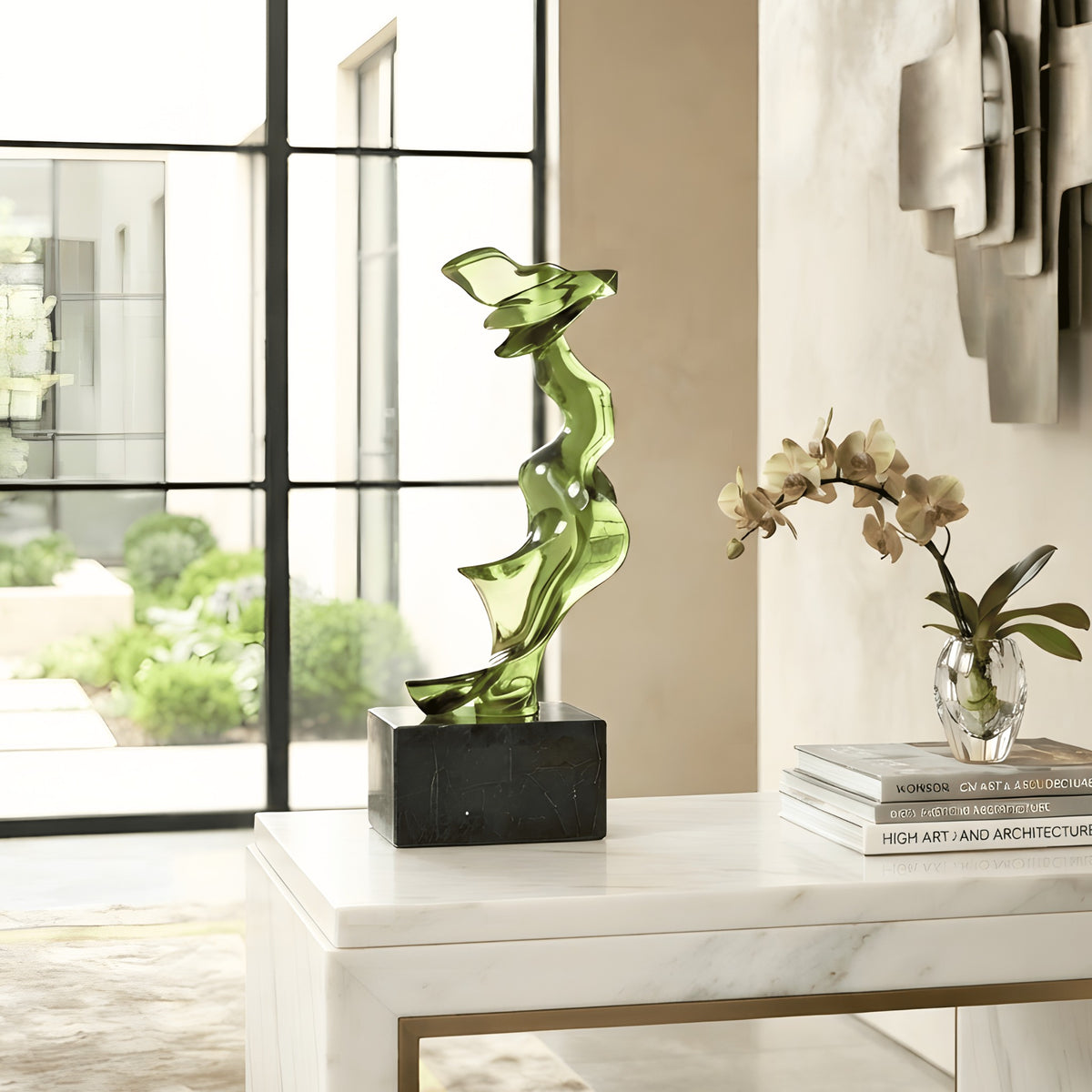 Marea resin and marble abstract showpiece styled on a modern console