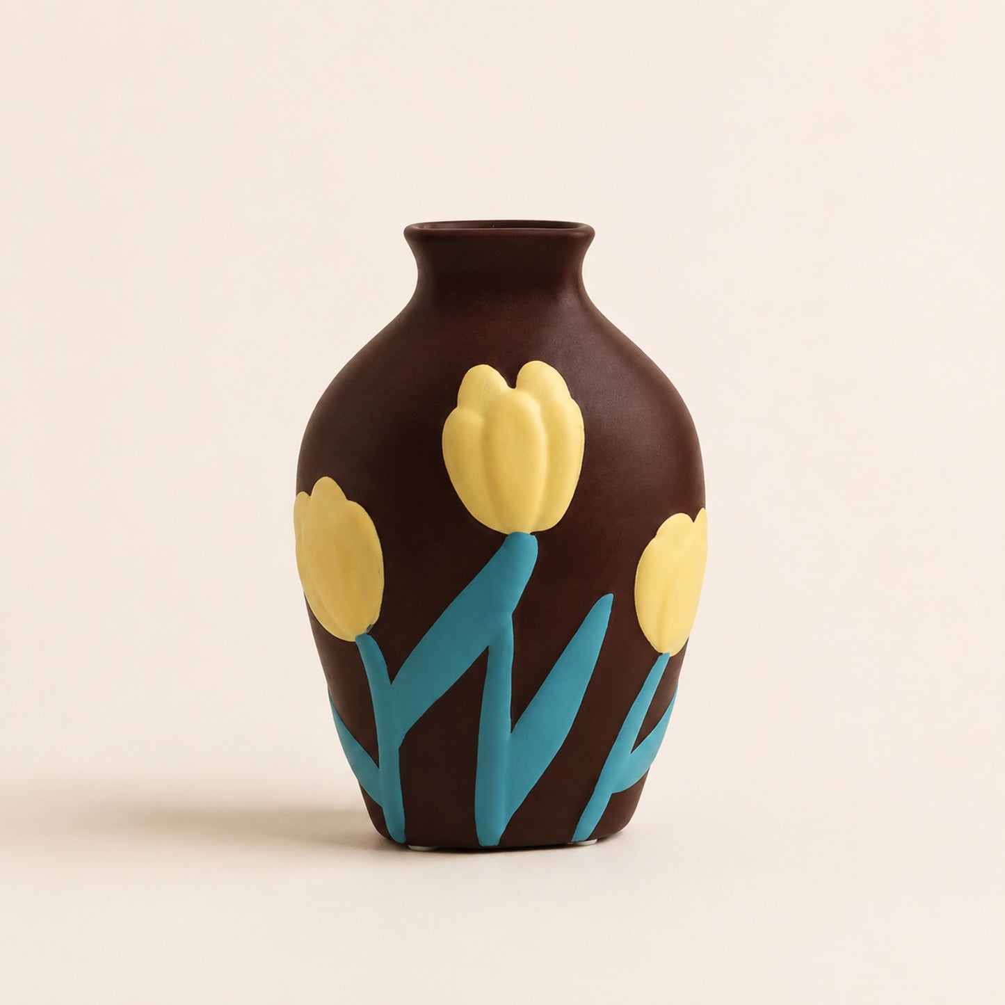 Fresco hand-painted ceramic vase in Brown