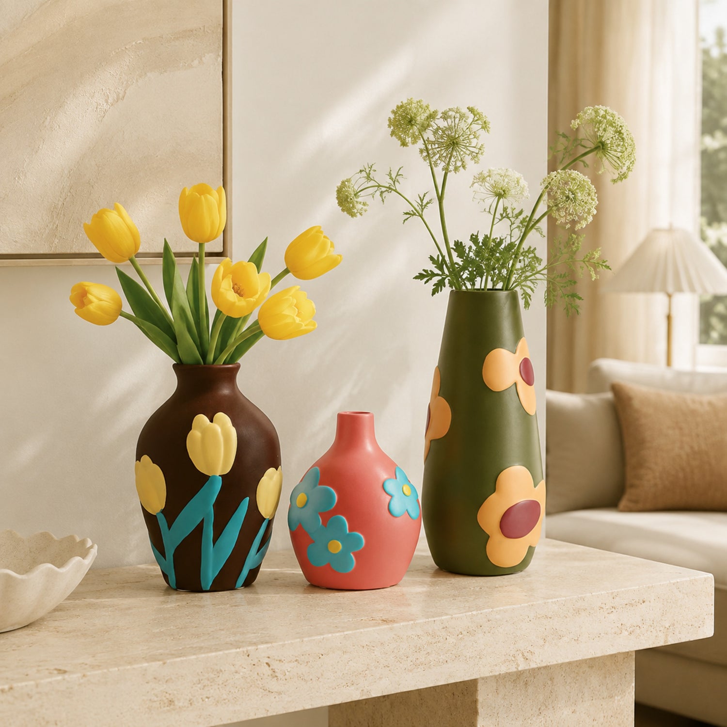 Fresco Brown, Pink and Green ceramic vases styled on a console table