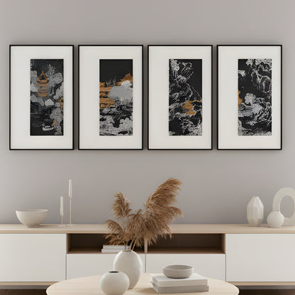 Tales of the Noble Court - Leather & Silk Textured Premium Wall Art (Set of 4) ~ 5.5 Ft Long