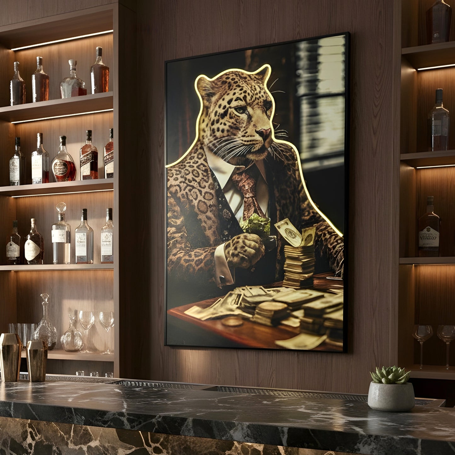 Poker Face - Leopard themed LED Wall Art ~ 3 ft x 4 ft