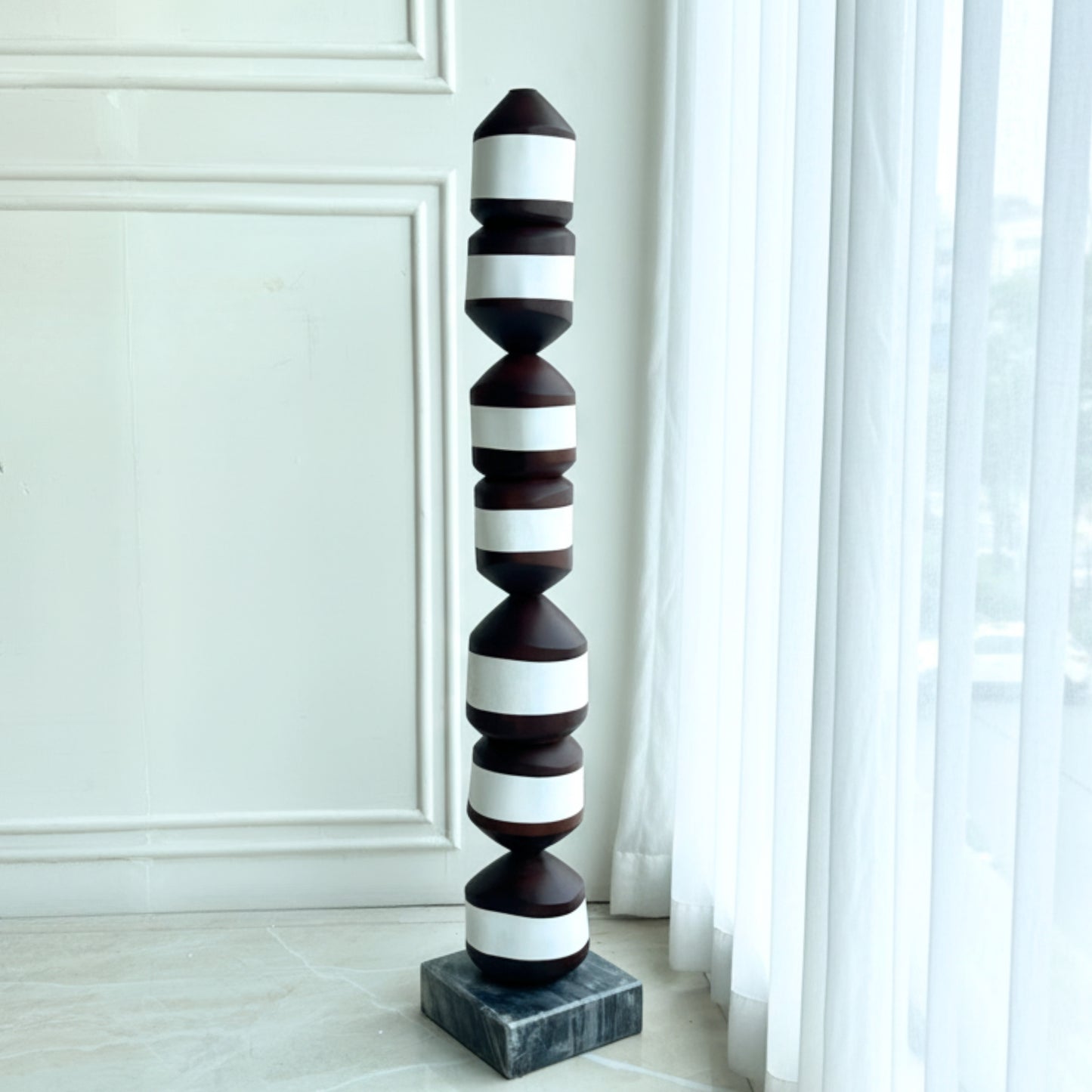 Stacked - Bold Brown & White Totem Floor Sculpture ~ 4 ft Tall
