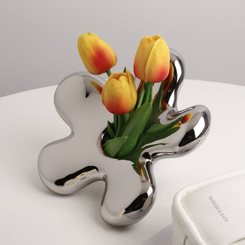 Springtime Bloom - Silver Plated Ceramic Flower Vases & Showpiece - Set of 2