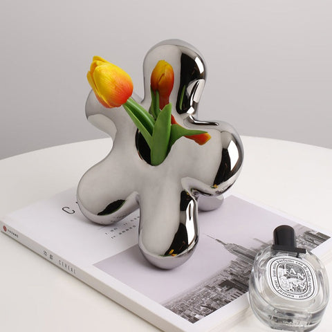 Springtime Bloom - Silver Plated Ceramic Flower Vases & Showpiece - Set of 2
