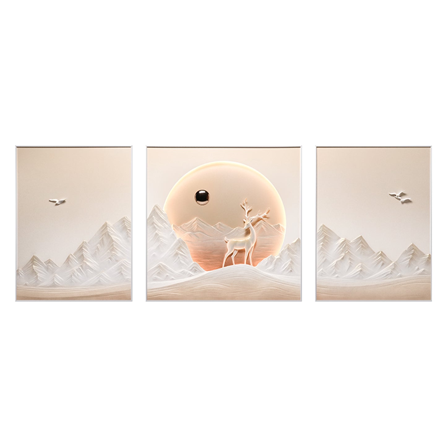 Three-panel artwork of a deer in a mountainous landscape with LED light glow - perfect for luxury living room interiors
