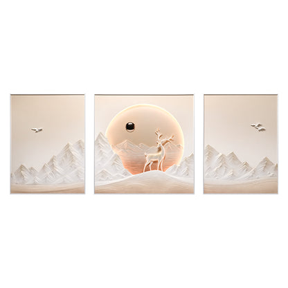 Three-panel artwork of a deer in a mountainous landscape with LED light glow - perfect for luxury living room interiors