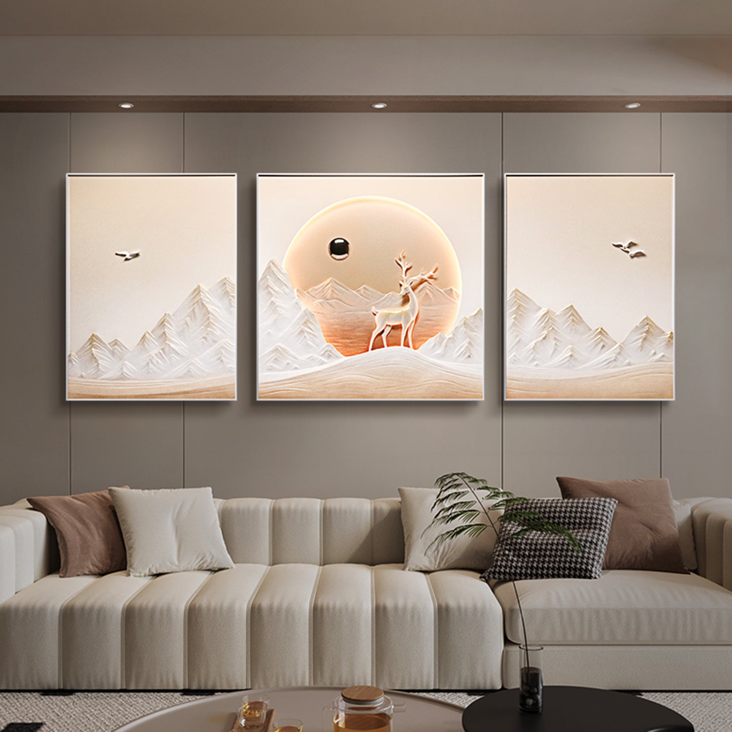7 Feet Long - Three framed artwork of a deer in a mountainous landscape above a sofa in luxury living room interiors