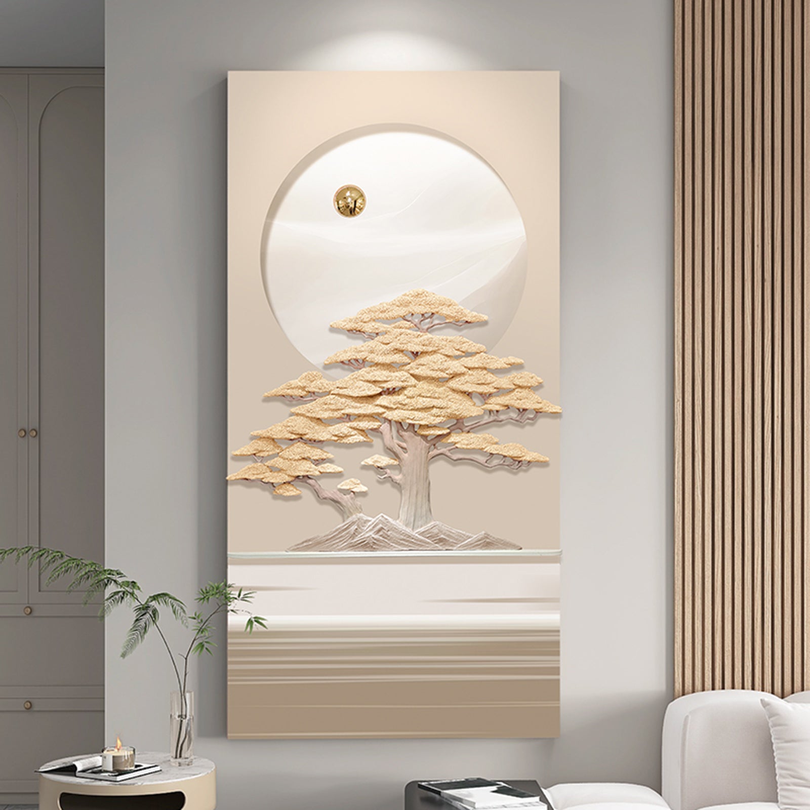 luxury beige and gold scenery wall art by La Muse with a beautiful tree in a luxury living room interiors
