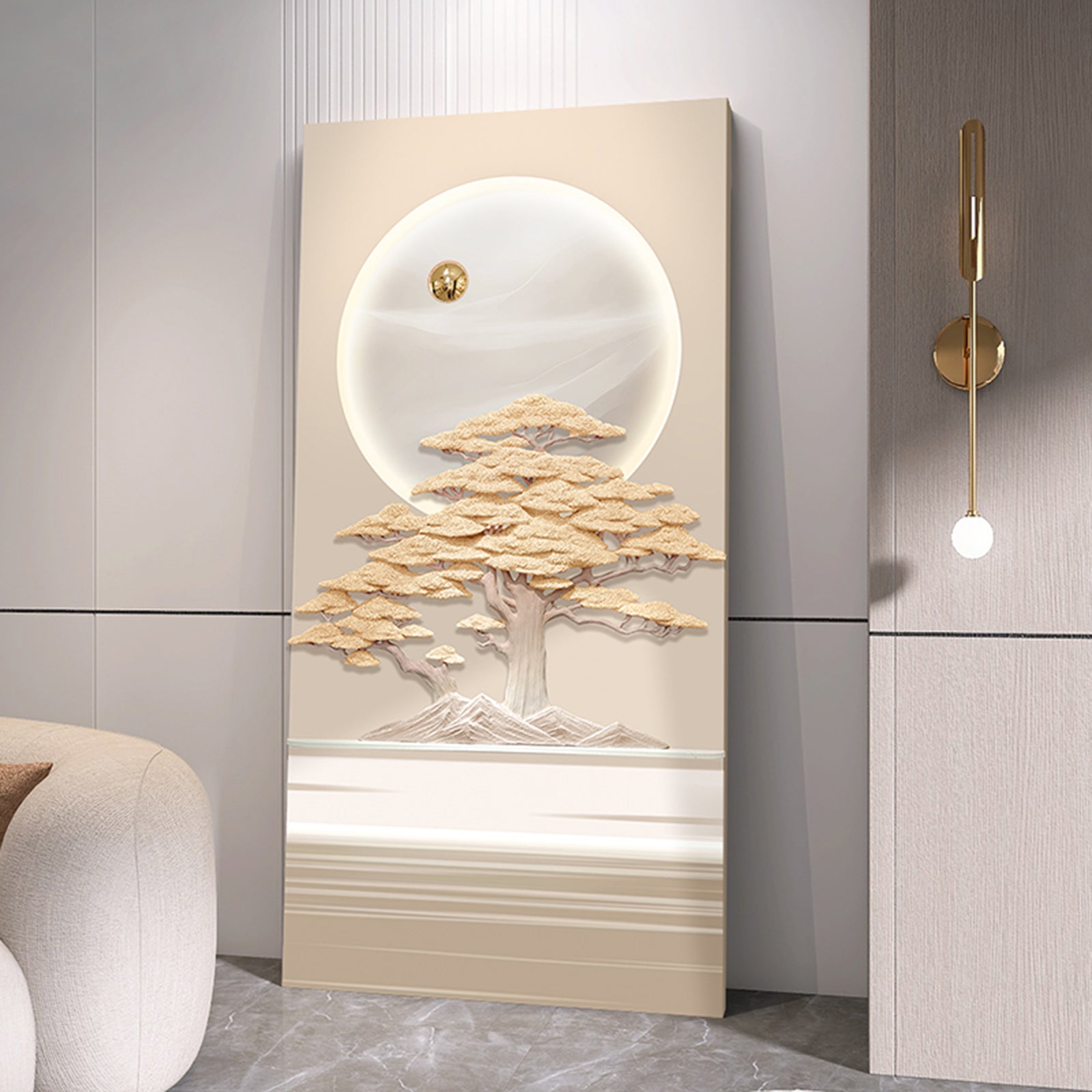 5.5 Feet Tall premium vertical wall art with a 3D tree and LED light design in a modern interior setting.