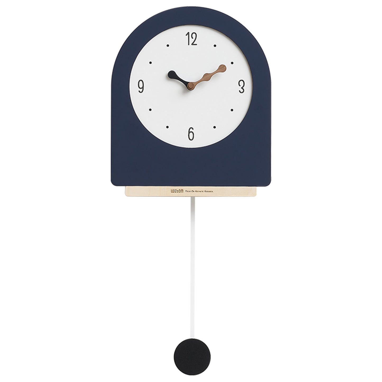 Navy blue wall clock with white face and black pendulum on a white background