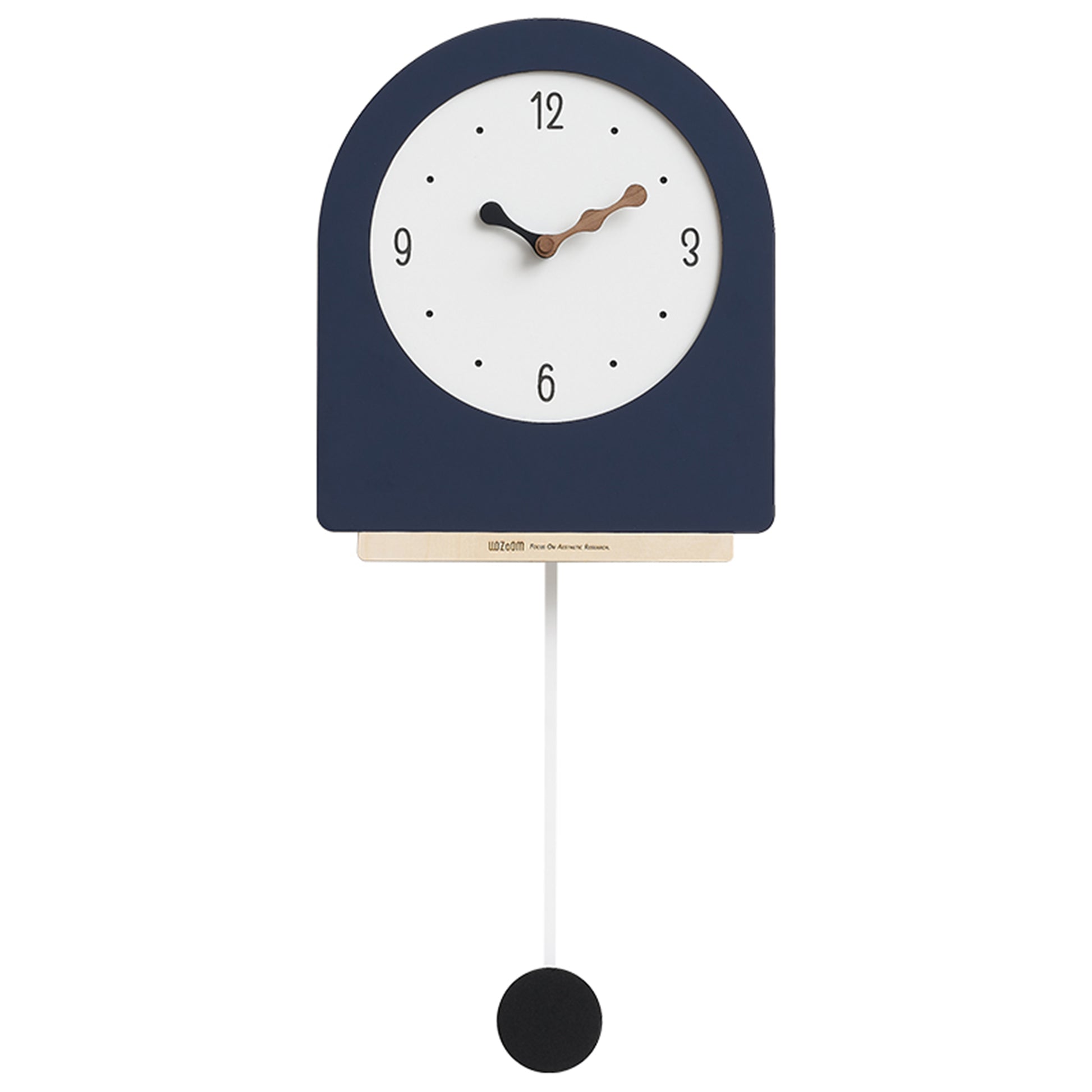 Navy blue wall clock with white face and black pendulum on a white background