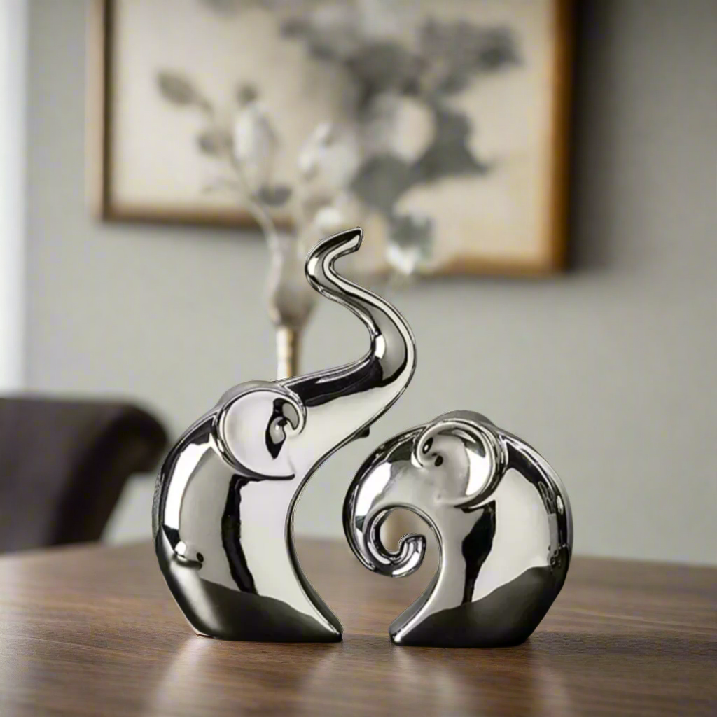 Showpiece The Artsy Soul - Ceramic Silver Elephant Table Showpieces (Set of 2)