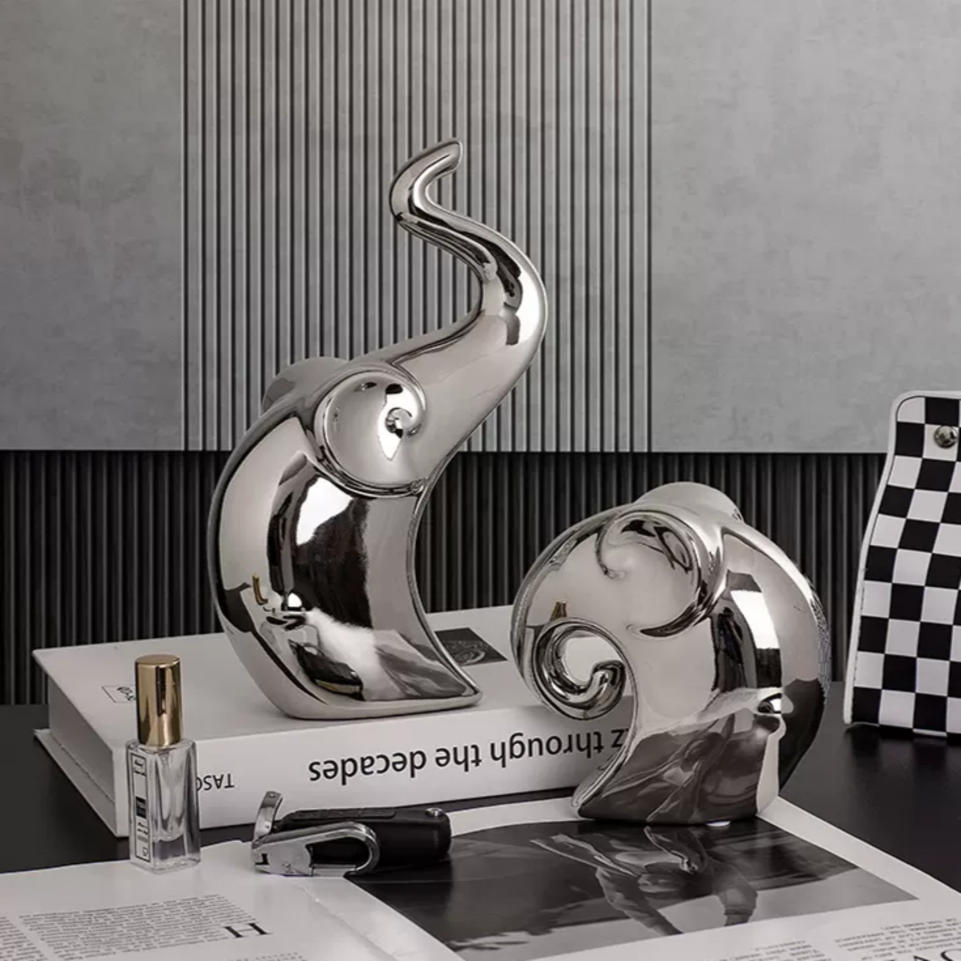 Showpiece The Artsy Soul - Ceramic Silver Elephant Table Showpieces (Set of 2)