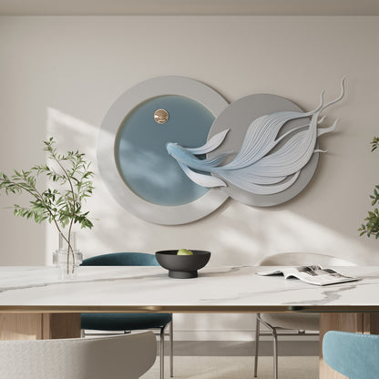 Decorative fish inspired long wall art in a modern interior setting with a table and chairs.