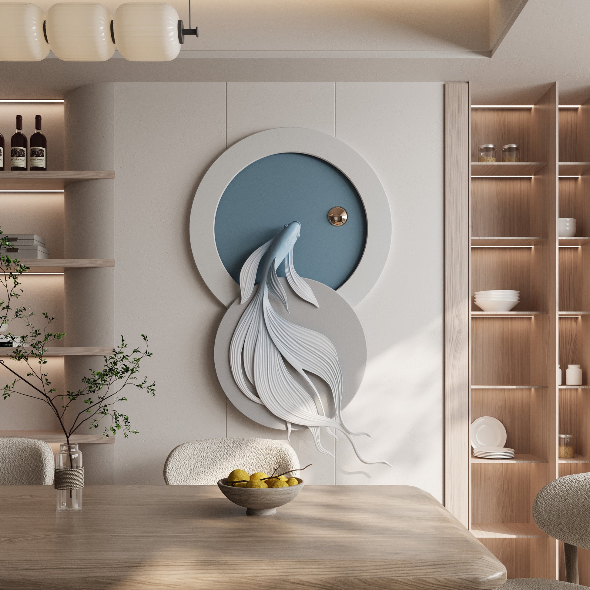 Fish inspired premium wall art in luxury dining room interiors - Flow by La Muse