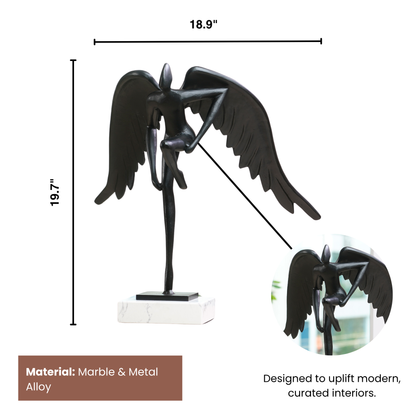 The Midnight Majesty - Marble & Alloy Human with Wings Table Sculpture - 1.5 Feet Tall