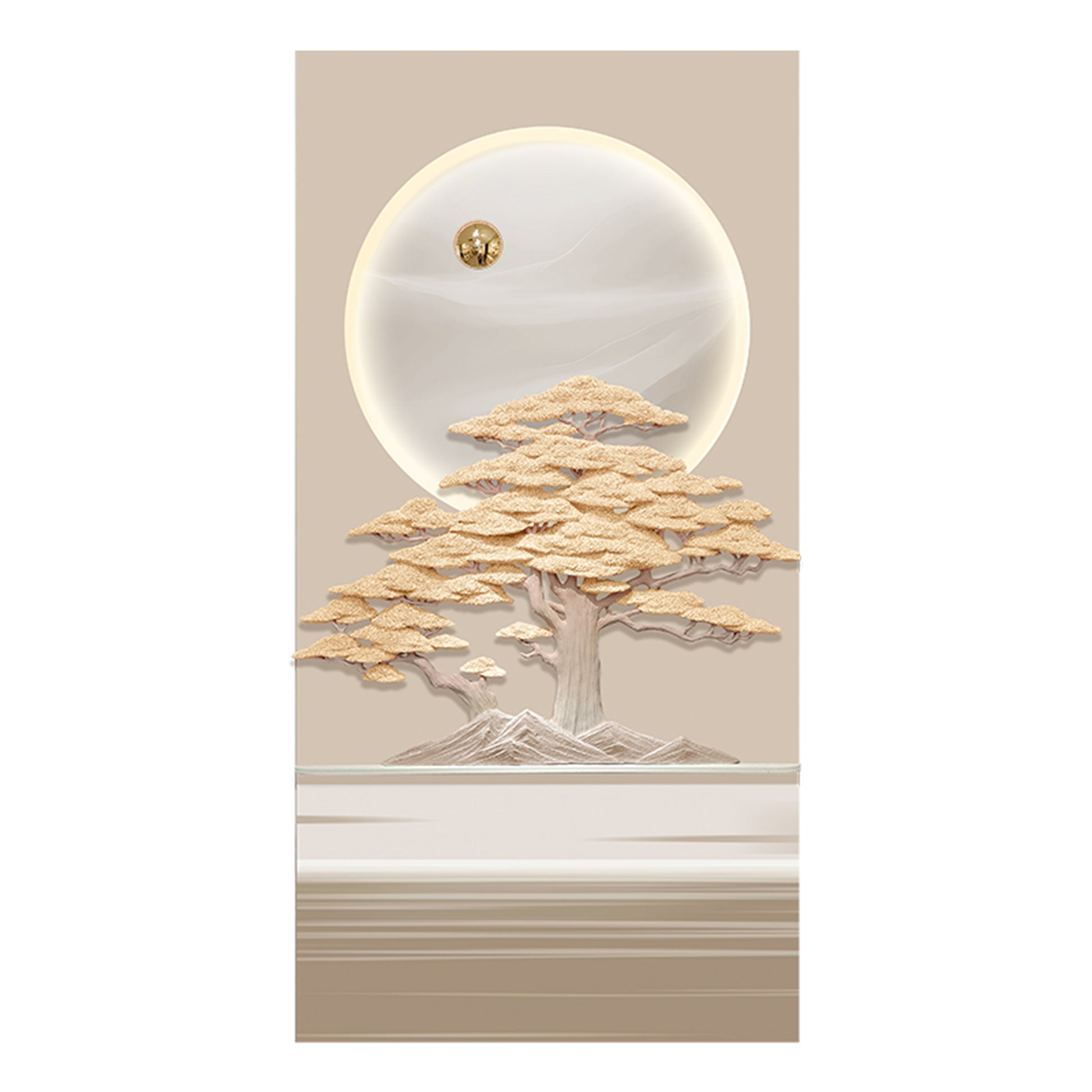 Roots by La Muse - Decorative wall art with a tree and moon design on a beige and gold background with LED light