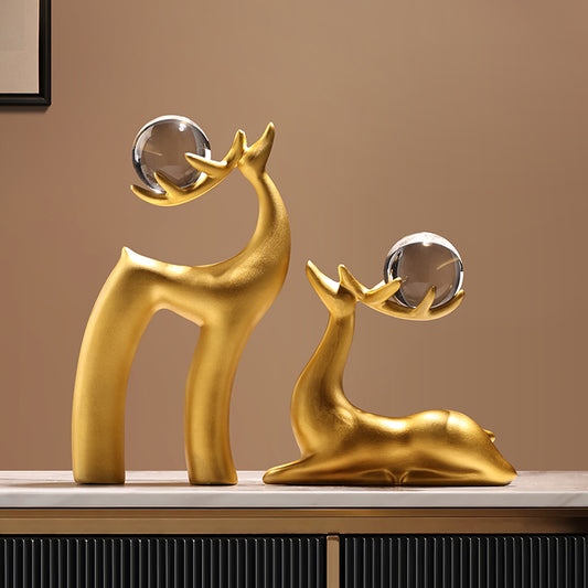 Showpiece Celestial Stags - Ceramic & Crystal Deer Table Showpieces (Gold) (Set of 2)