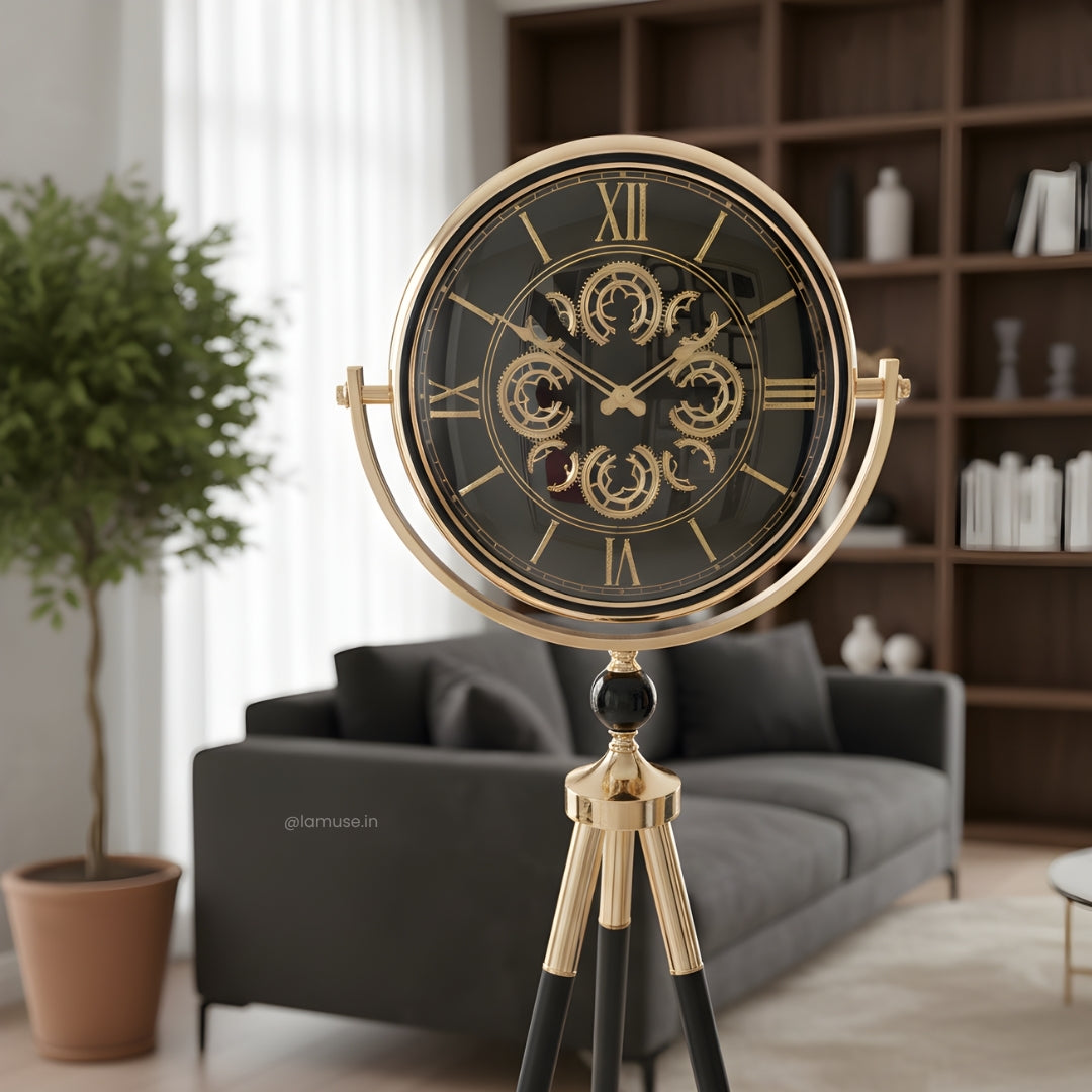 Artisanal Timecraft - Designer Floor Clock with Moving Gears Mechanism - Black & Gold