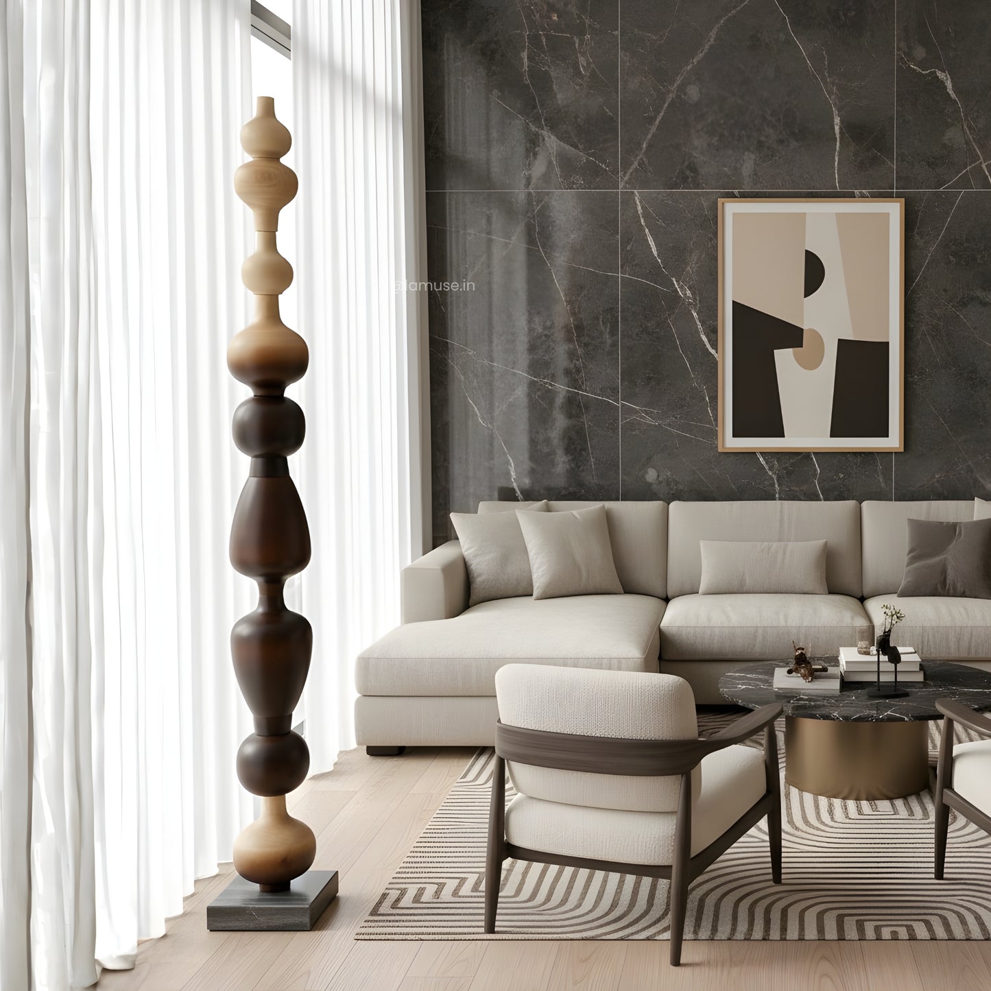 Nexus - Wood Finish Totem Floor Sculpture ~ 7 feet Tall