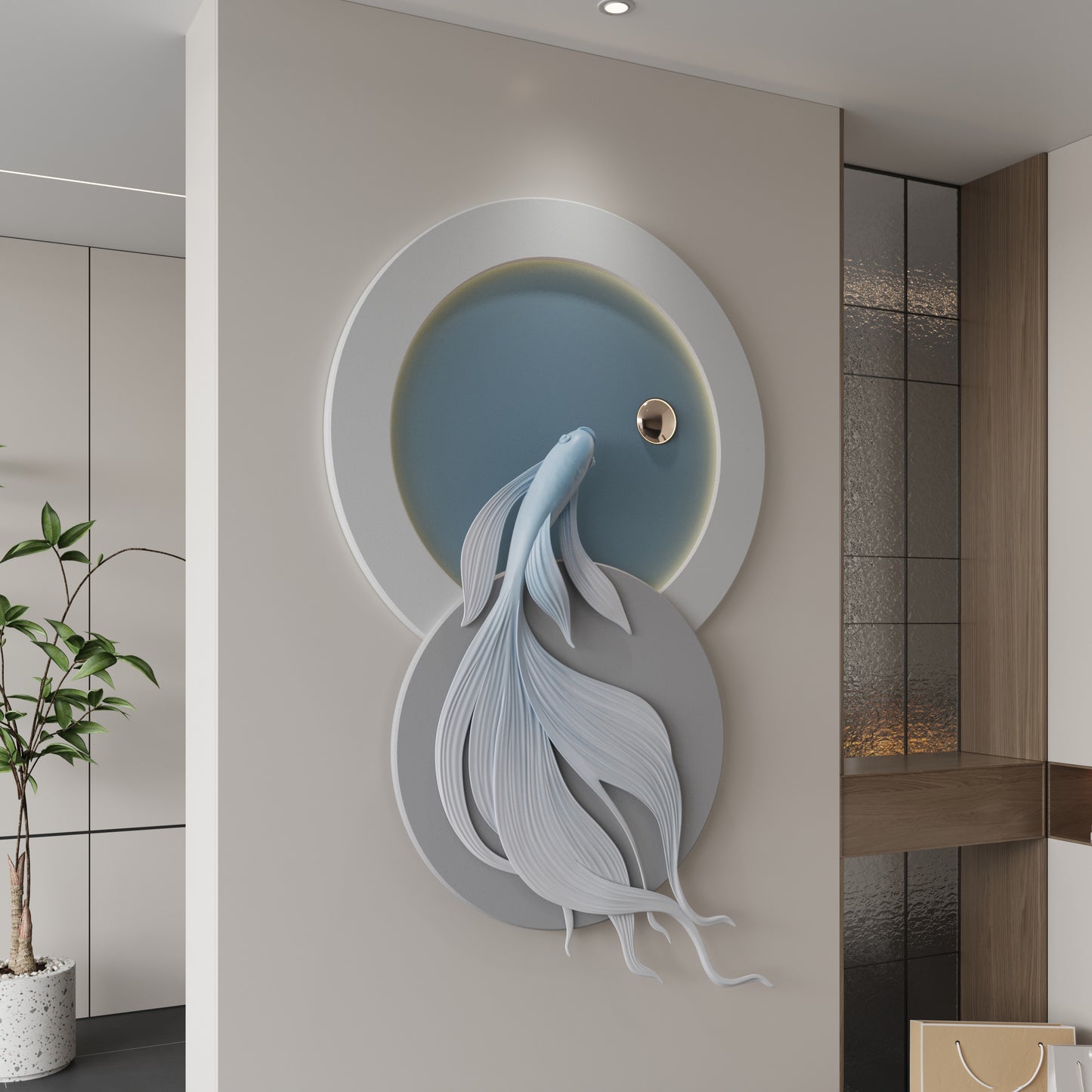 Decorative wall art of a fish in a circular frame on a wall.