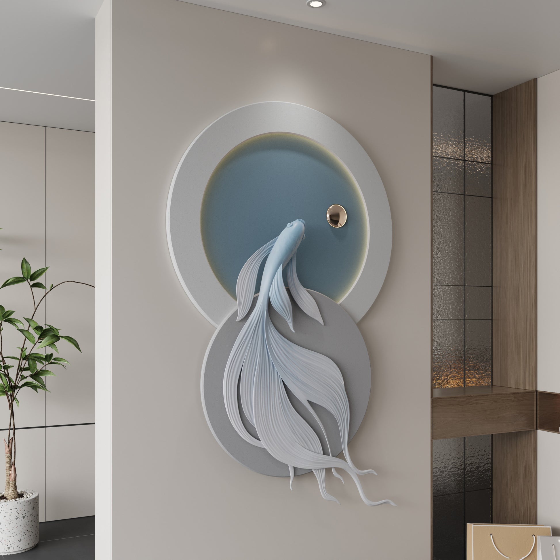Decorative wall art of a fish in a circular frame on a wall.