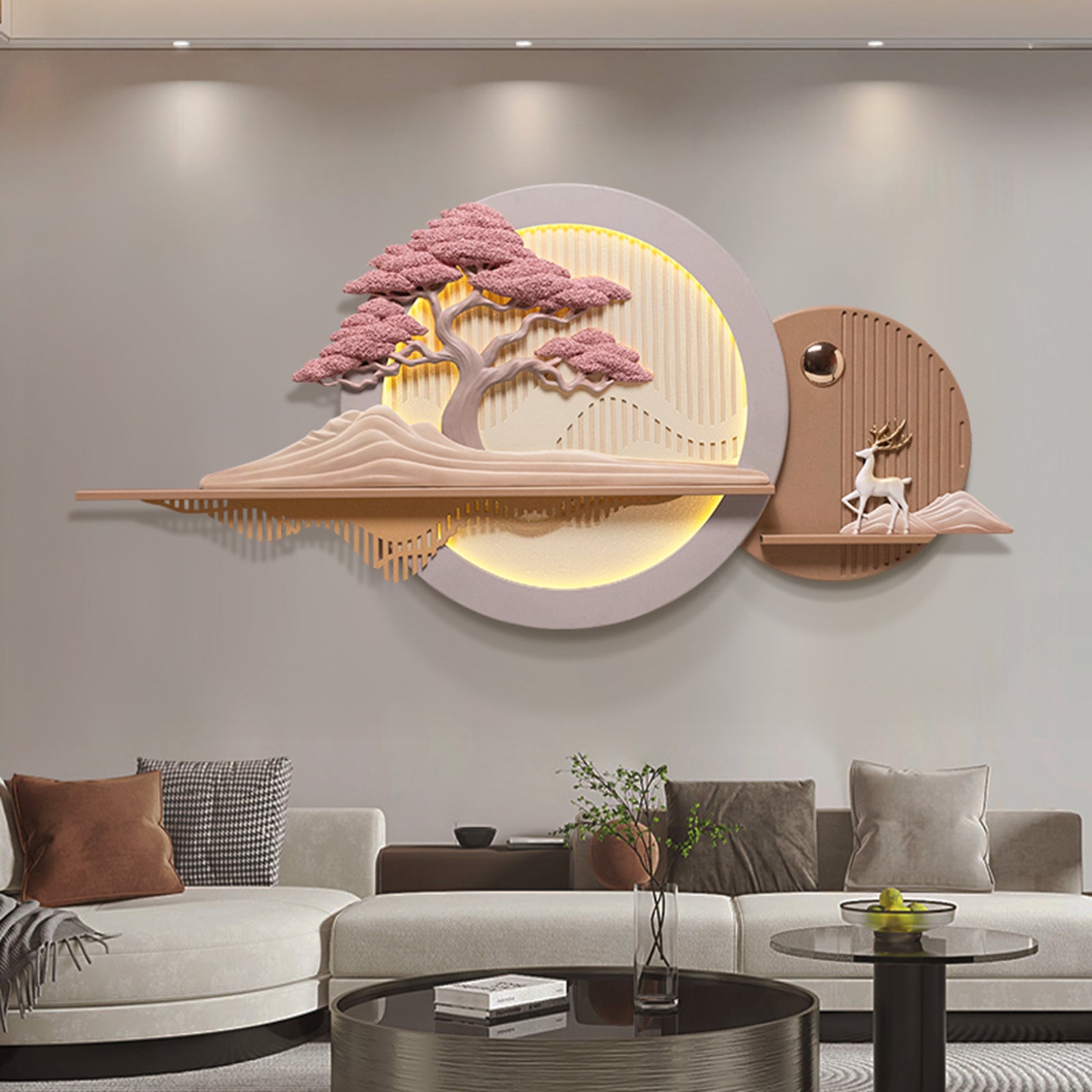 Large 6 Feet Long wall art with tree and deer design in a luxury living room interiors - Garden of Chi by La Muse