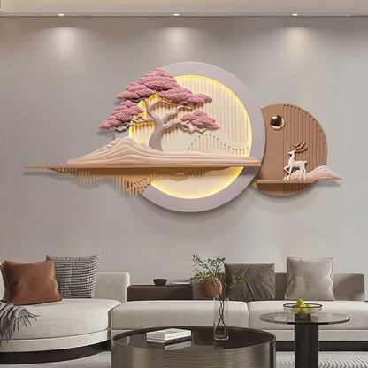 Large 6 Feet Long wall art with tree and deer design in a luxury living room interiors - Garden of Chi by La Muse