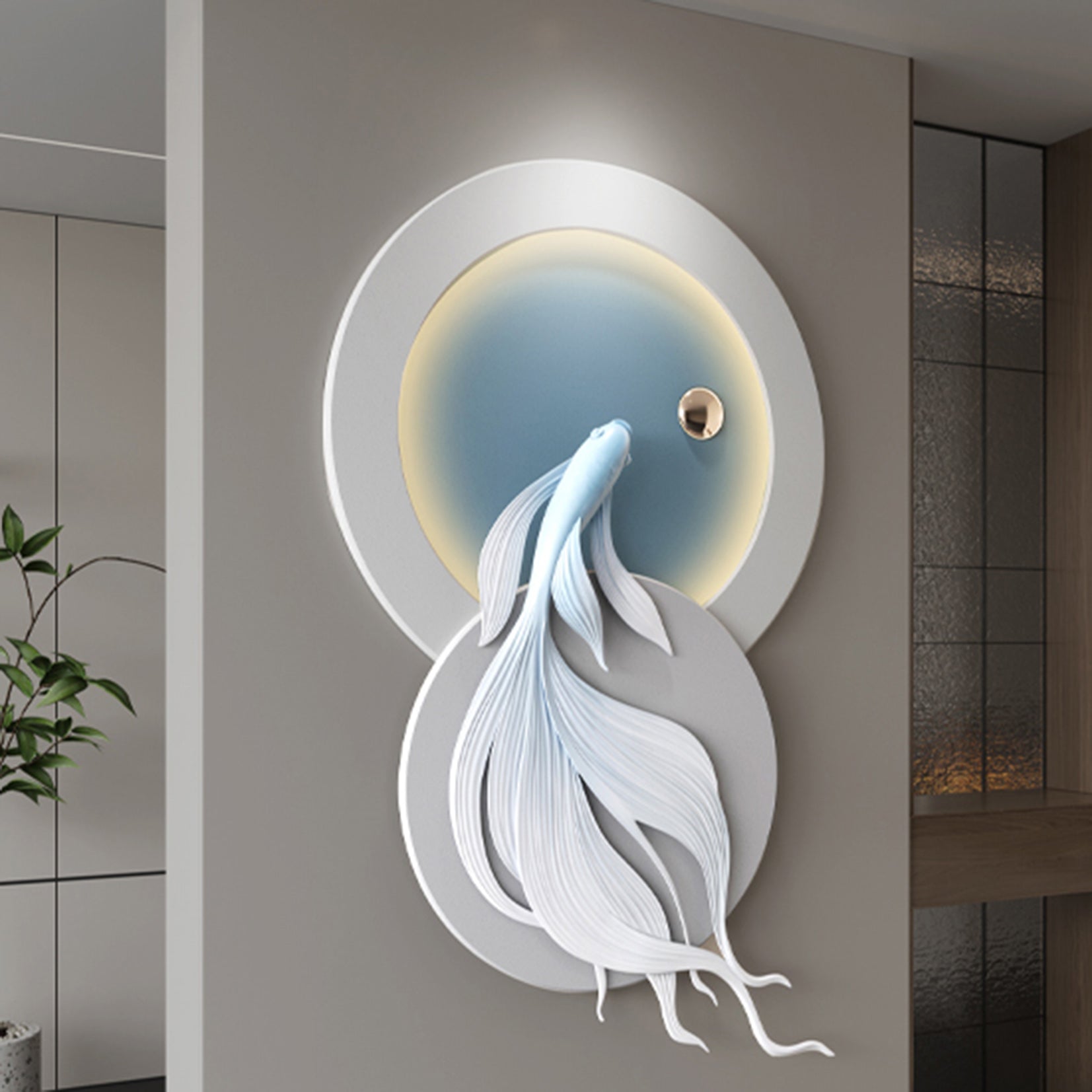 Decorative LED wall art with a fish design on a modern interior wall.