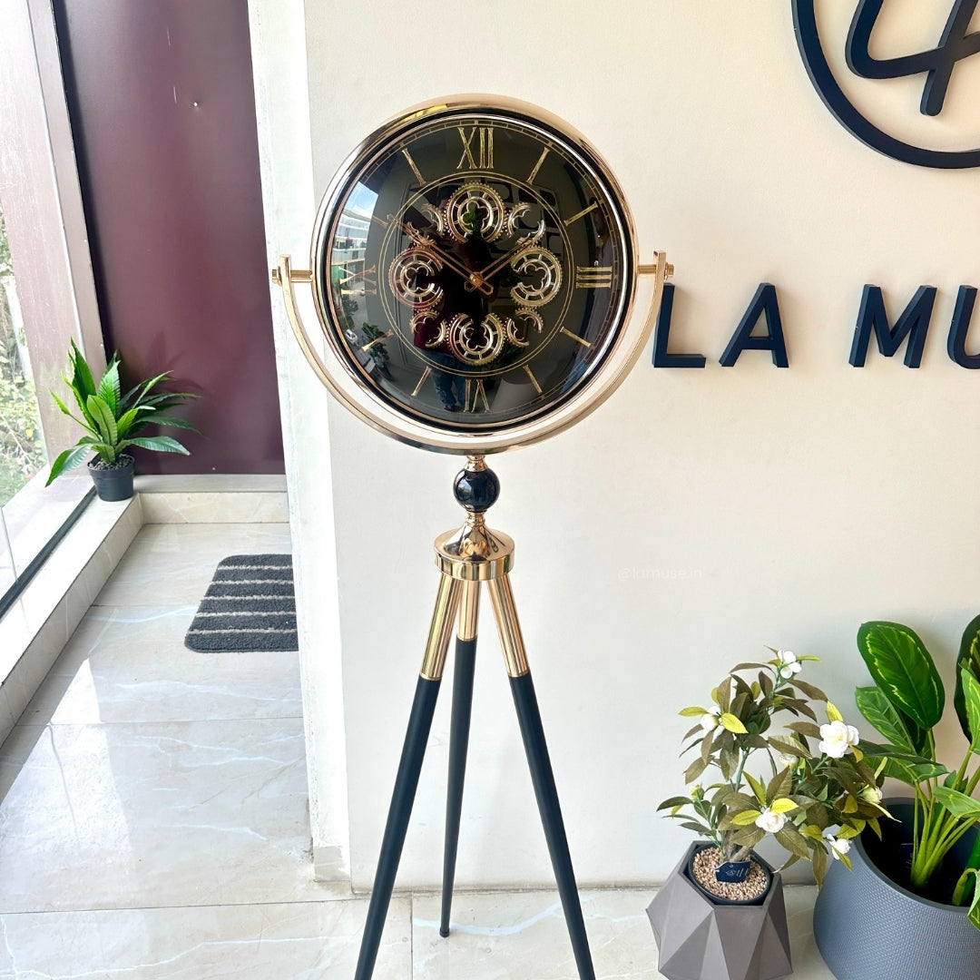 Artisanal Timecraft - Designer Floor Clock with Moving Gears Mechanism - Black & Gold