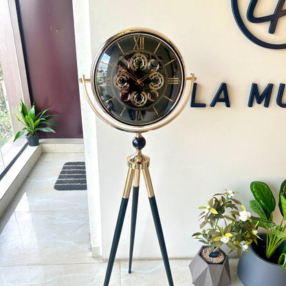 Artisanal Timecraft - Designer Floor Clock with Moving Gears Mechanism - Black & Gold