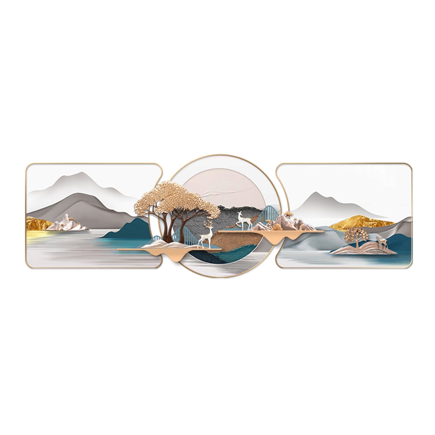 Large 3D wall art with mountain , tree, deer and landscape design in gold and blue - Meadow by La Muse