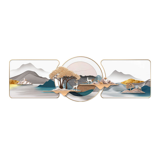 Large 3D wall art with mountain , tree, deer and landscape design in gold and blue - Meadow by La Muse