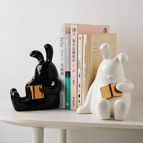 Whispering Comrades - Reading Rabbit Bookends in Black and White