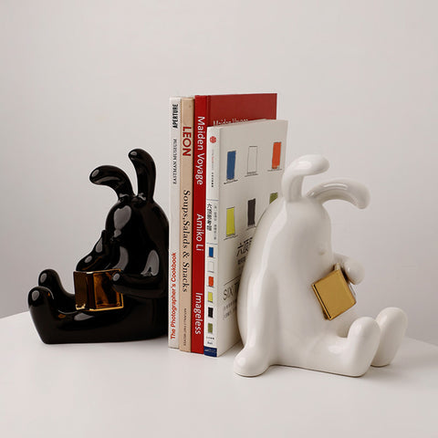 Whispering Comrades - Reading Rabbit Bookends in Black and White