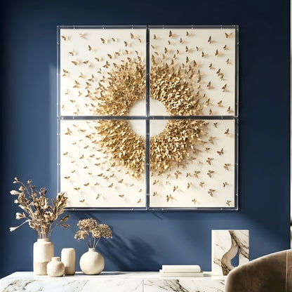 Decorative wall art with gold butterfly design on a blue wall - Flutter by La Muse ~ 4 Ft Butterfly Leather Mixed Media Wall Art for Luxury Interiors