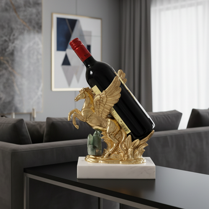 Decorative horse inspired wine bottle holder with a gold pegasus design in a modern living room.