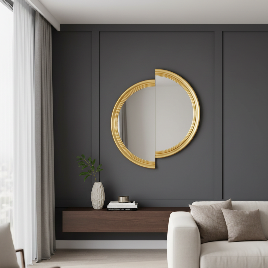 The Reflective Duo - Split Style Gold Finish Luxury Wall Mirror ~ 4 ft x 3.5 ft