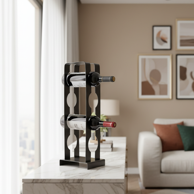 Wine rack with bottles on a marble surface in a living room setting