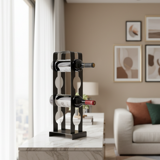 Wine rack with bottles on a marble surface in a living room setting