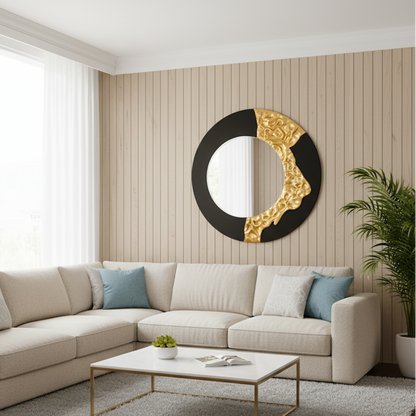 The Bold Edge - Black & Gold Round Luxury Wall Mirror ~ 3.2 Feet Dia