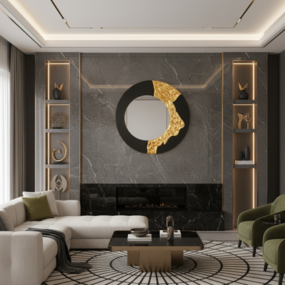 The Bold Edge - Black & Gold Round Luxury Wall Mirror ~ 3.2 Feet Dia